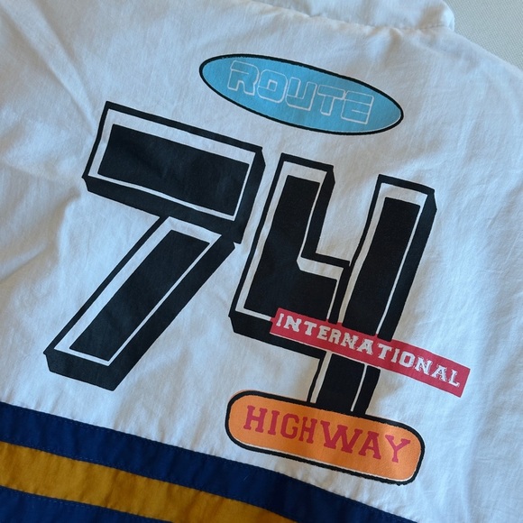 PrettyLittleThing Blue Oversized Slogan Zipped Racer Bomber Jacket - Picture 6 of 6